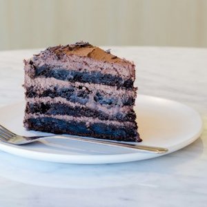 Slice of layered chocolate cake