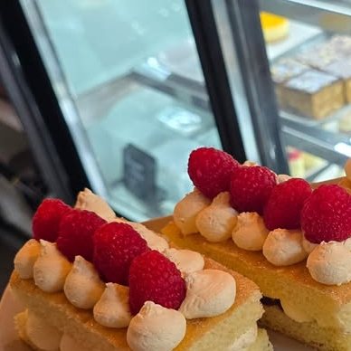 Slices of raspberry custard cake